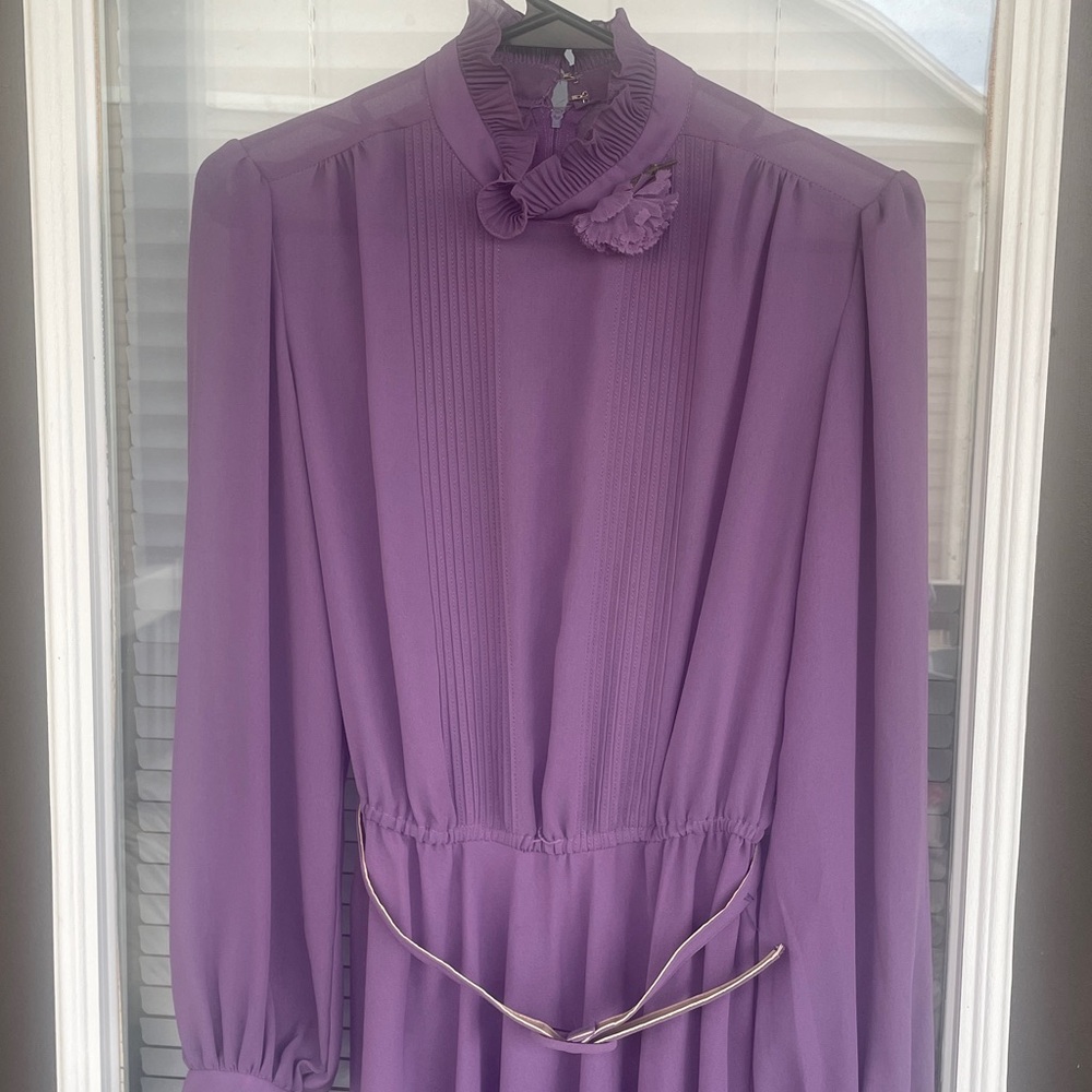 Vintage Purple Long-Sleeve Midi Dress with belt